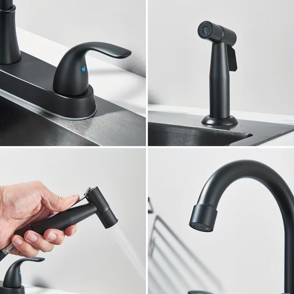 Black Kitchen Sink Faucet with Sprayer 3 Hole Stainless Steel Mixer Tap Sprayer