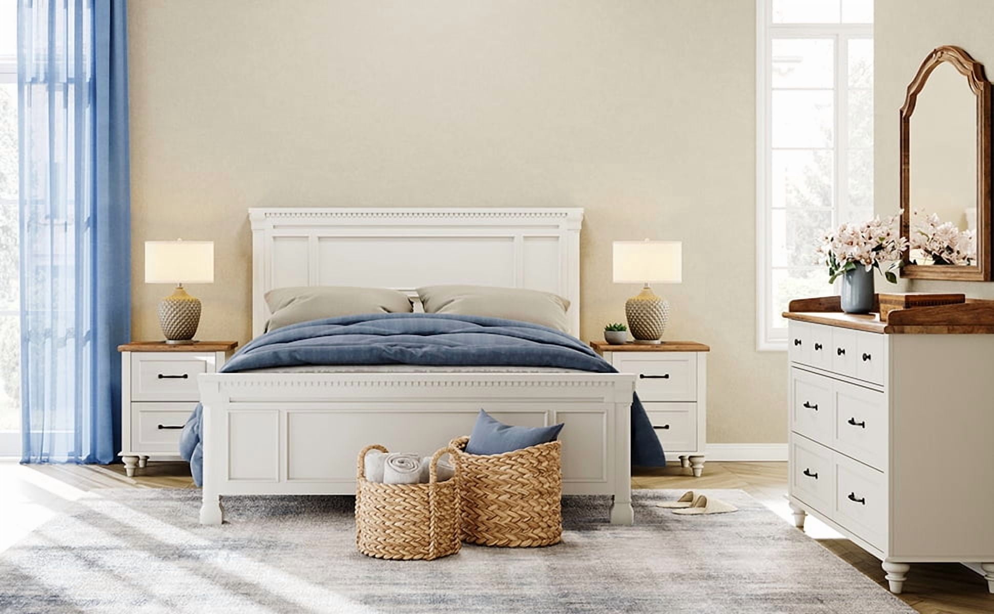 3 Piece Dresser and Nightstand Sets, Farmhouse Dresser with 6 Drawers, Set of 2 Night Stands with Charging Staion, 3 Piece Bedroom Set, Off White