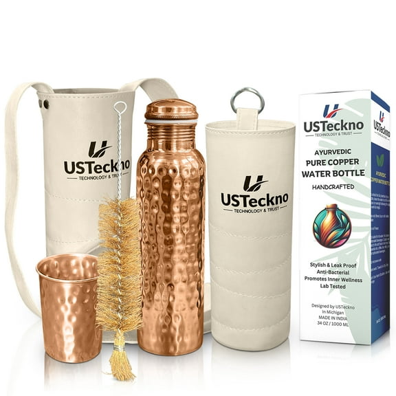 100% Pure 34oz Copper Drinking WaterBottle with Copper Tumbler, Leak-Proof Design & Canvas Bag – Ayurvedic, Travel-Friendly and Health Benefits - Yoga, Gym and Daily Hydration | Lab-Tested