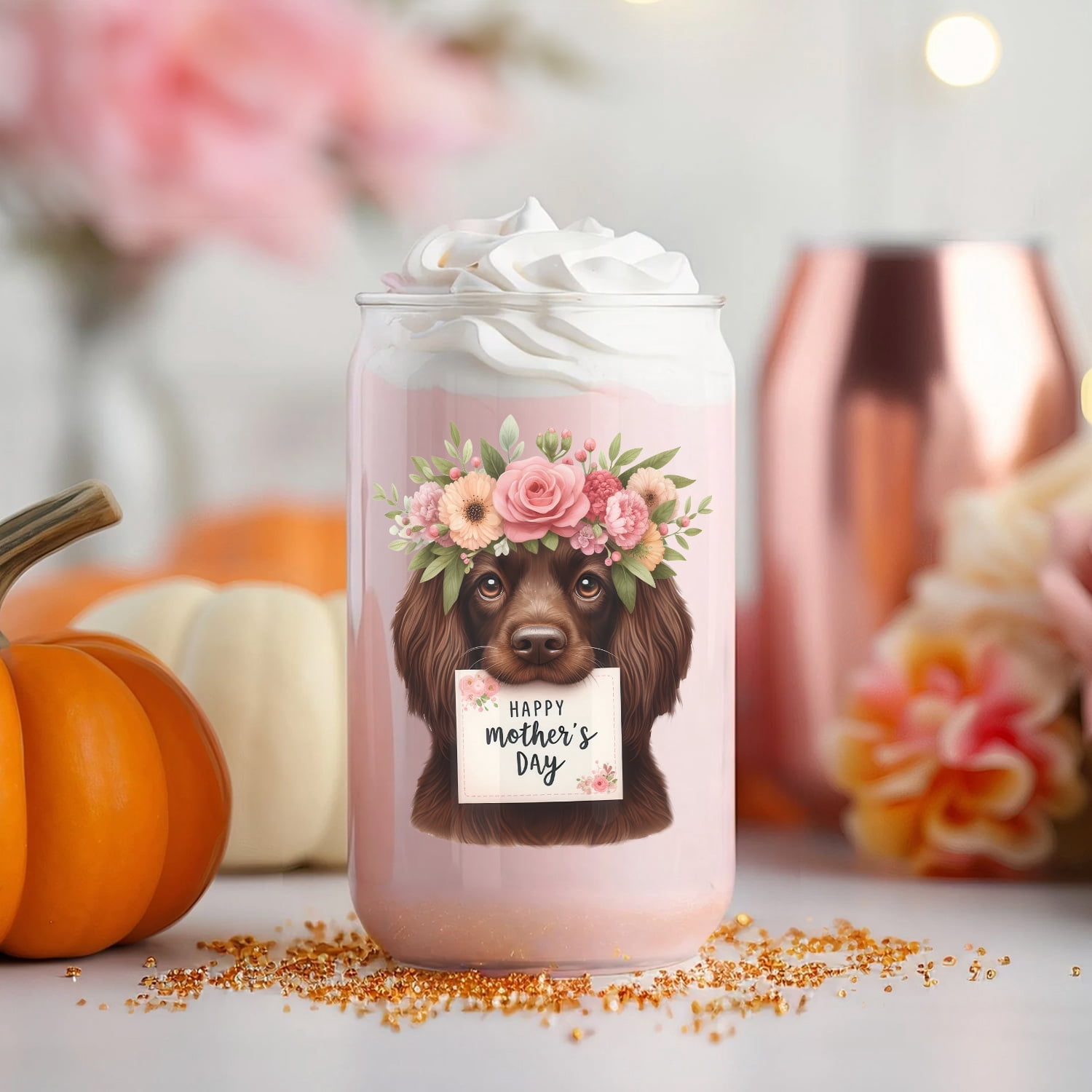 Happy Mother's Day Boykin Spaniel with Flower Crown and Greeting Card 16oz Glass Cup Mug Dog Lover Glass Can - 13004