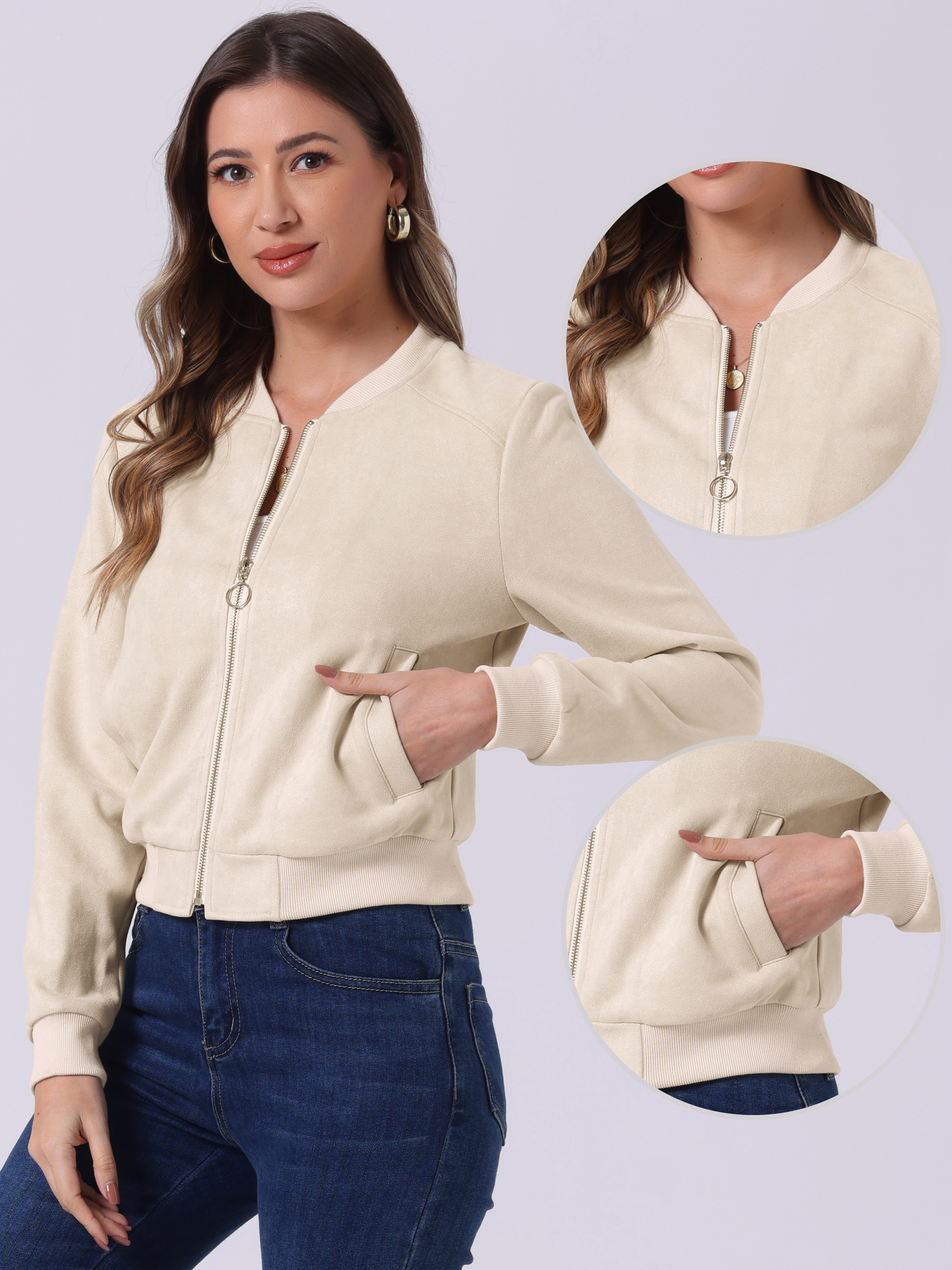 DARING DIVA Stand Collar Zip Up Biker Moto Bomber Jackets S Beige