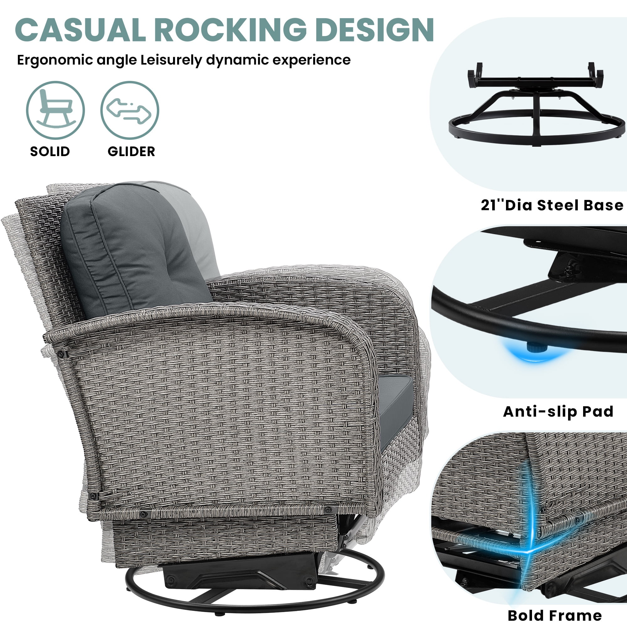 3pcs Patio Furniture Set on Sale, Rattan Outdoor Conversation Set of 2, Patio Bistro Set w/ 360° Swivel Rocking Chairs & Table, Gray Thickened Cushions