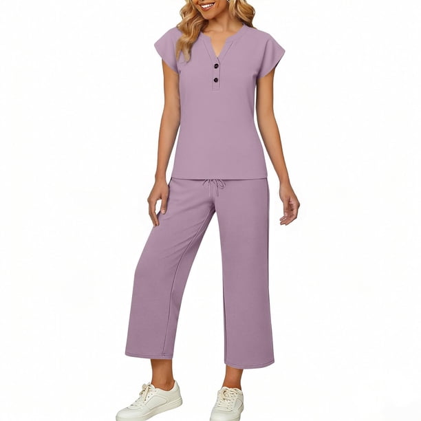 Top y falda Conjunto de las mujeres de la moda de color sólido suelto de manga corta con cuello en V con pantalones cortados de pierna ancha Set de bolsillo Pantalones y Top Set para las mujeres