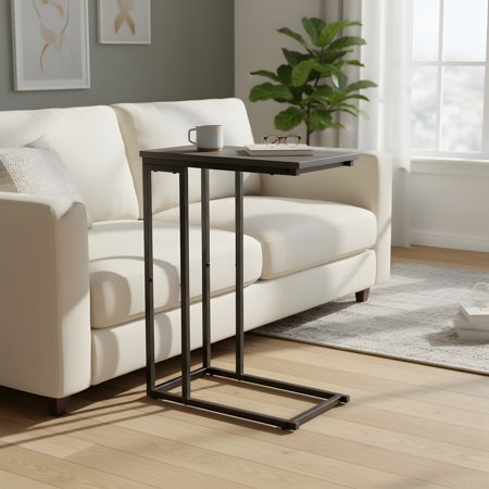 C Shaped End Table with Metal Frame - Modern Slim Sofa Side Table for Living Room Grey