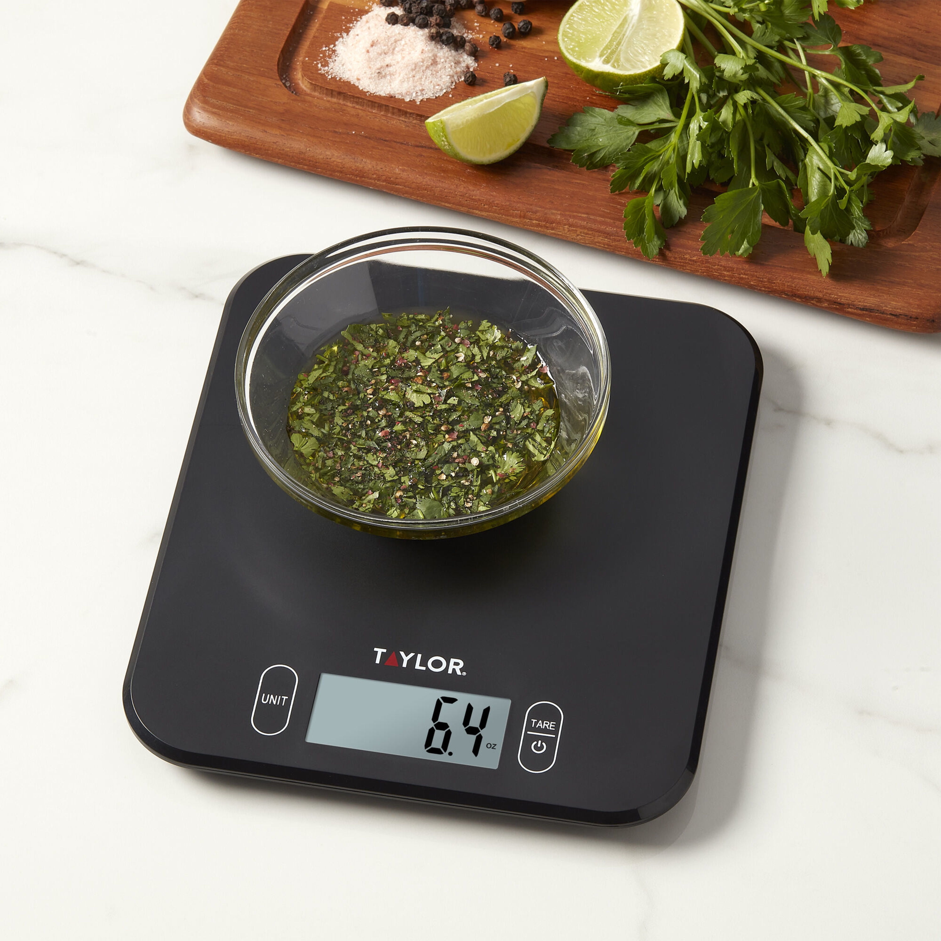 Taylor Modern Mechanical Kitchen Weighing Food Scale Weighs up to 11lbs,  Measures in Grams and Ounces, Black and Silver