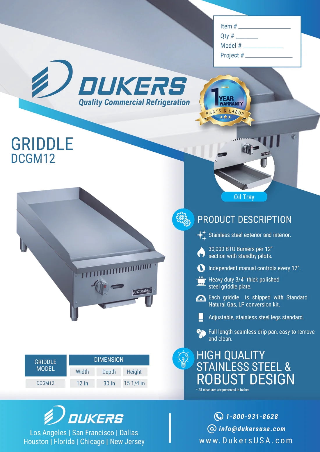 Dukers DCGM12 12&ldquo; Griddle - 1 Burner