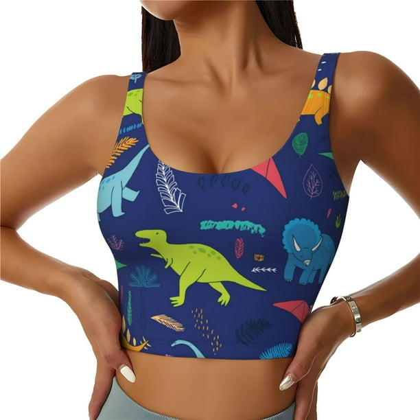 Fotbe Dinosaurs Sujetador Deportivo Largo sin Aros para Mujer con Almohadillas y Soporte Medio, Transpirable y Absorbente, Camiseta Tipo Chaleco o Tank Top-Medium