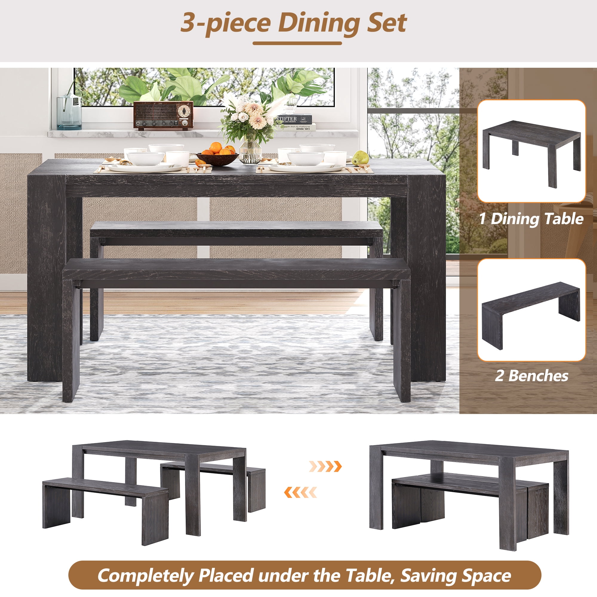 EUROCO 3-Piece Dining Table Set for 4, 60" Wood Kitchen Room Table Set with 2 Benches,Space-Saving Design for Apartment, Small Space and Breakfast Nook,Espresso