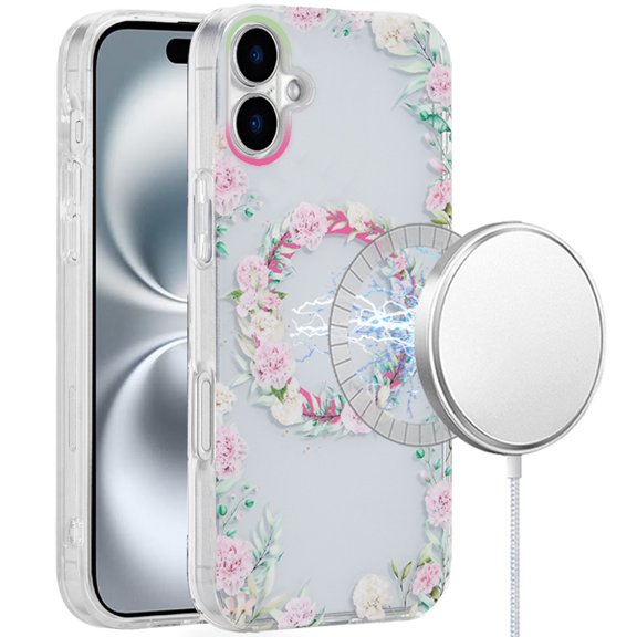 For iPhone 16 6.1 inch [Magnetic Circle] Double Layer Design IMD TPU Case - Green/Pink Floral