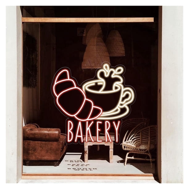Luz De Neón Cafetería Croissant, Escaparate Panadería, Arte Pared Para Barra Desayuno 39cmx40cm
