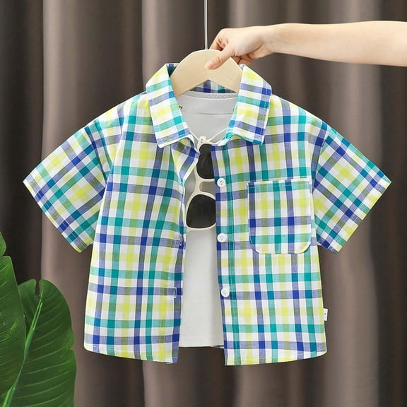 Boys Graphic Tees Toddler Boys Checkered Short Sleeve Button Down Shirt Boys' Tops Dark Green 3-4 Years