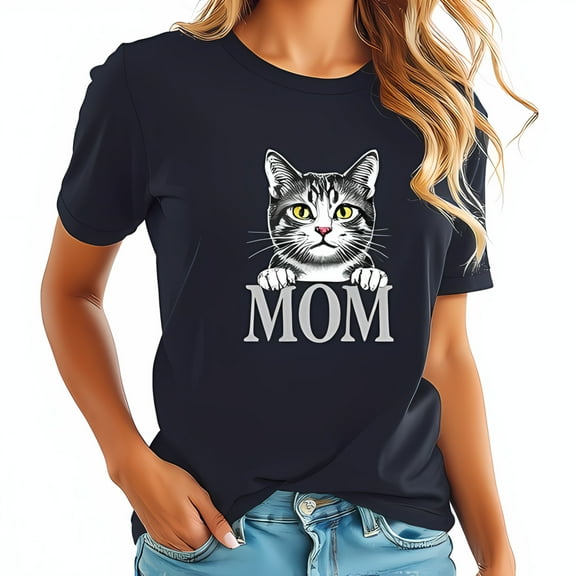 Navy Blue Cotton Short Sleeve T-Shirt with Playful Grey Tabby Cat Illustration & 'MOM' Sign