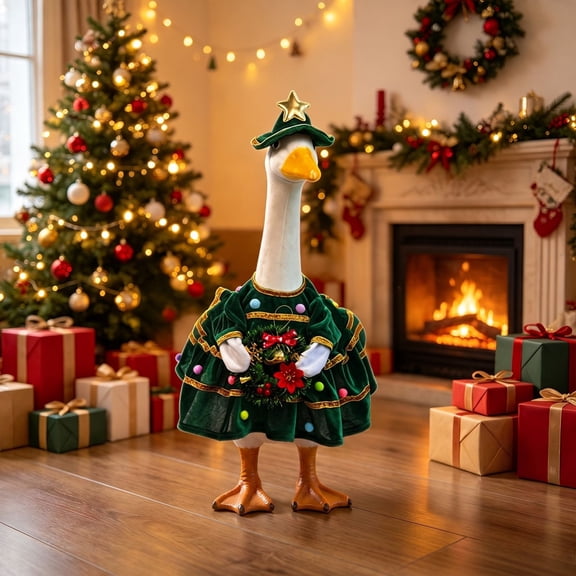 Christmas Porch Goose Outfit Green Velvet Dress with Gold Trim and Wreath Centerpiece Holiday Decor for 23 Inch Front Porch Yard Statue
