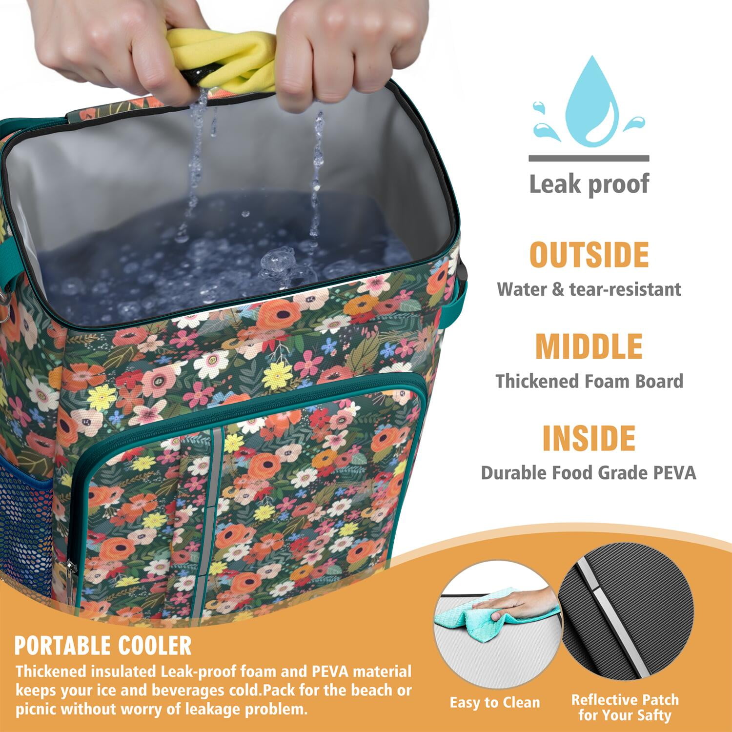 Travel Cooler Bag - Pioneer Flower Floral Print Pattern Camping Beer Cooler Backpack with Bottle Opener- Waterproof Insulated Picnic Backpacks - Cooler Bag for Beach