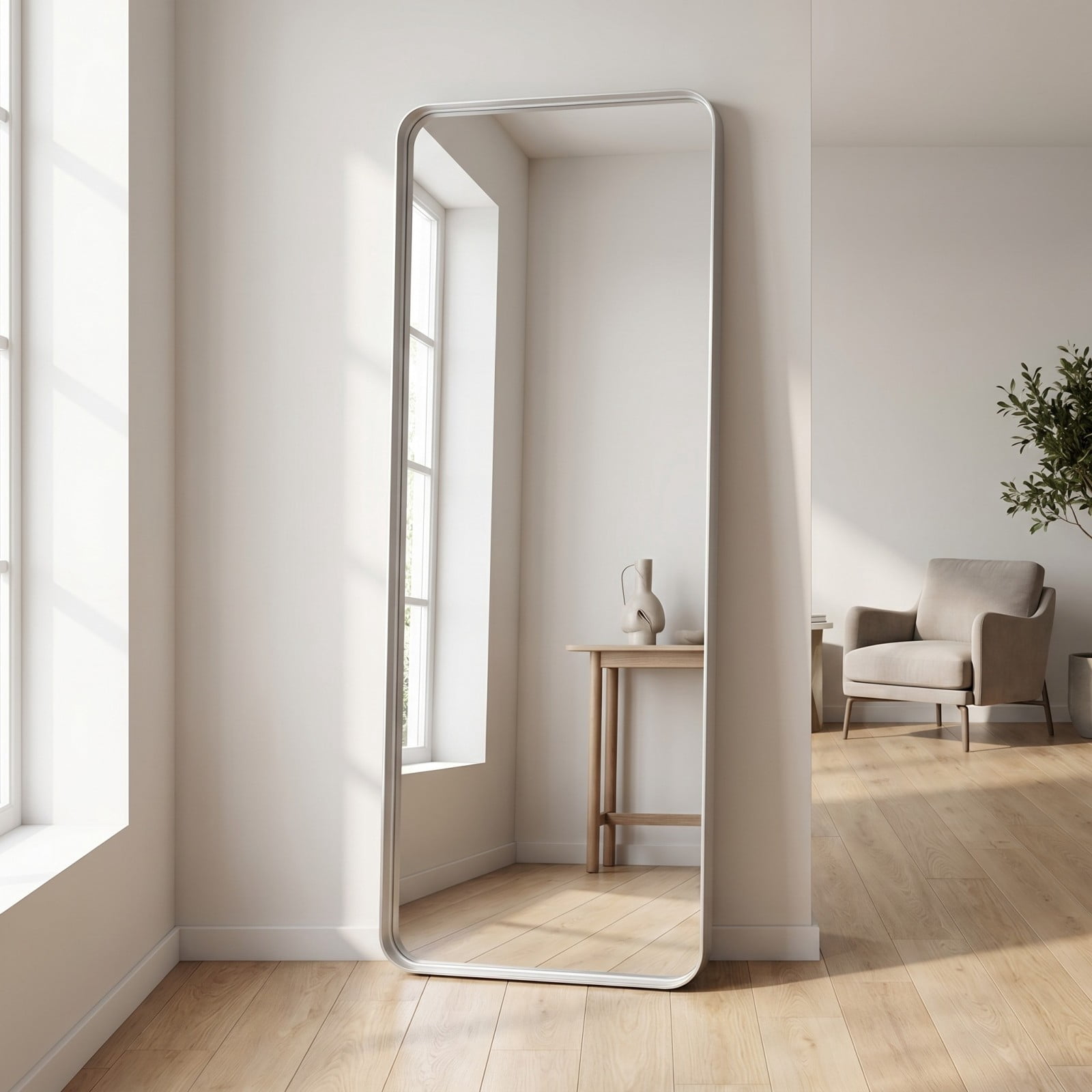 Gleamira 28"x60" Full Length Mirror Floor Mirror Rounded Corner Mirror with Deep Frame, Silver