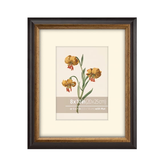 8x10 Mahogany and Distressed Bronze 2 Tone Vintage Neutral Picture Frame, Hand Painted Real Wood Profile, Matted for 5x7 Photo, Prints or Paintings, Bronze Inner Border