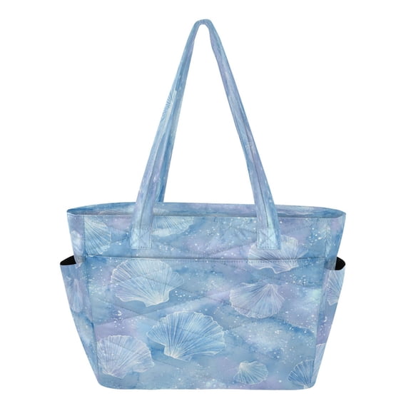 Quilted Tote Bag Large Capacity Multi-Compartment Handbag Lightweight Structured Shoulder Bag Versatile Casual Bag Blue Sea Shell Pattern
