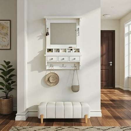 GVN Makeup Vanity,Floating Makeup Vanity with Mirror, Wall-Mounted Storage Vanity with Drawers, Pockets & Hooks, White