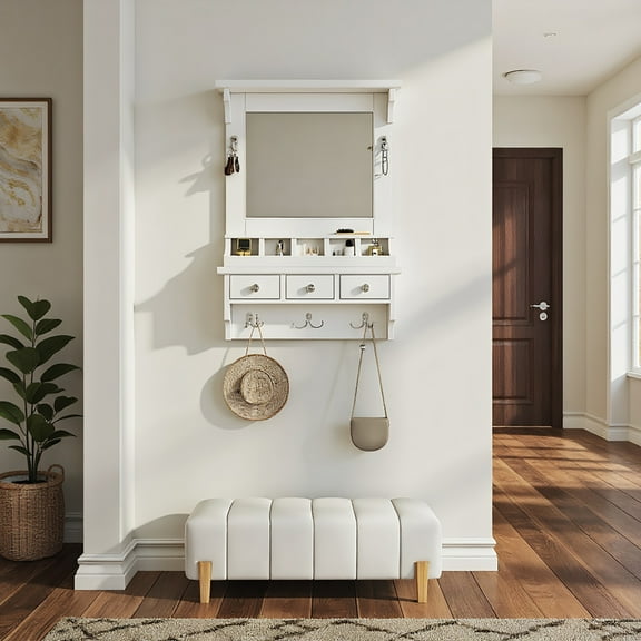 Kadyn Wall-Mounted Storage Vanity,Floating Makeup Vanity with Mirror, Wall-Mounted Storage Vanity with Drawers, Pockets & Hooks, White