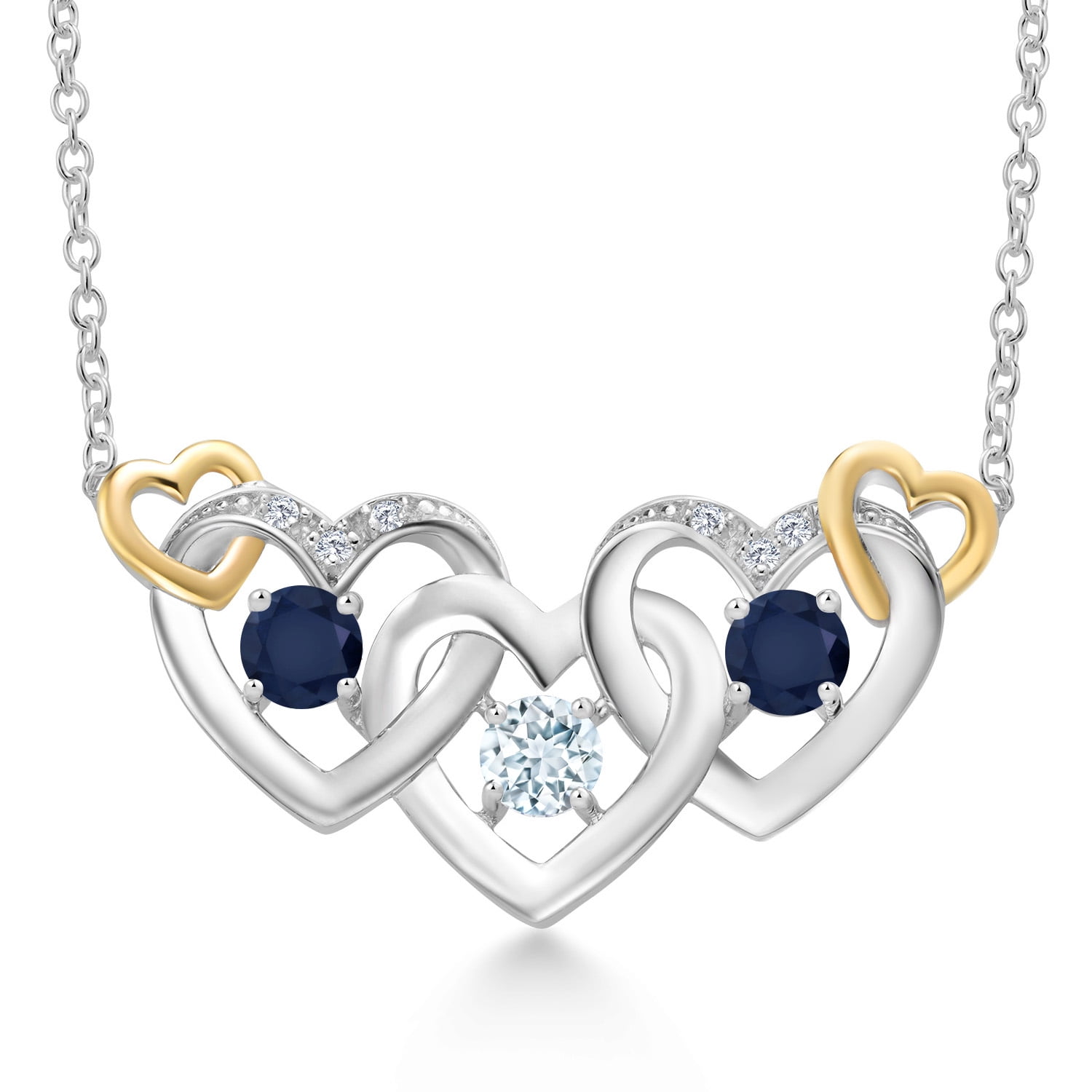 Gem Stone King 925 Silver and 10K Yellow Gold Sky Blue Aquamarine Blue Sapphire and White Lab Grown Diamond Heart Shape Pendant Necklace for Women (1.01 Cttw, with 18 inch Chain)