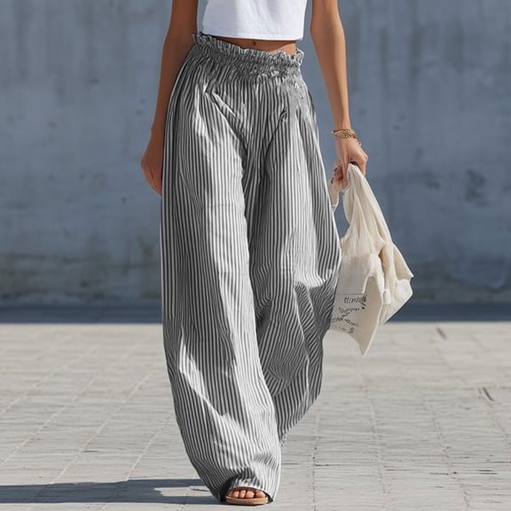 ClodeEU Women's High Waist Linen Blend Striped Wide Leg Pants, Flowly Beach Trousers with Pockets Black,Women's Plus L