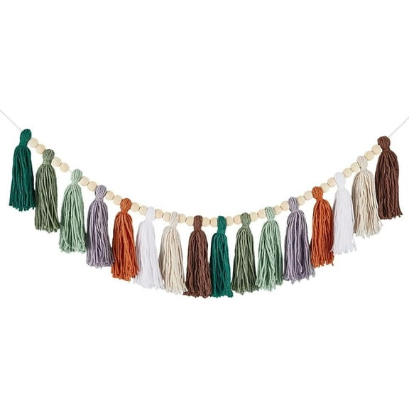Cotton Tassel Garland with Wood Beads 95cm Green Brown White Boho Wall Hanging Banner Party Classroom Decor Decorative Pastel Tassels Garland DIY for Room Bedroom Nursery Home Decoration
