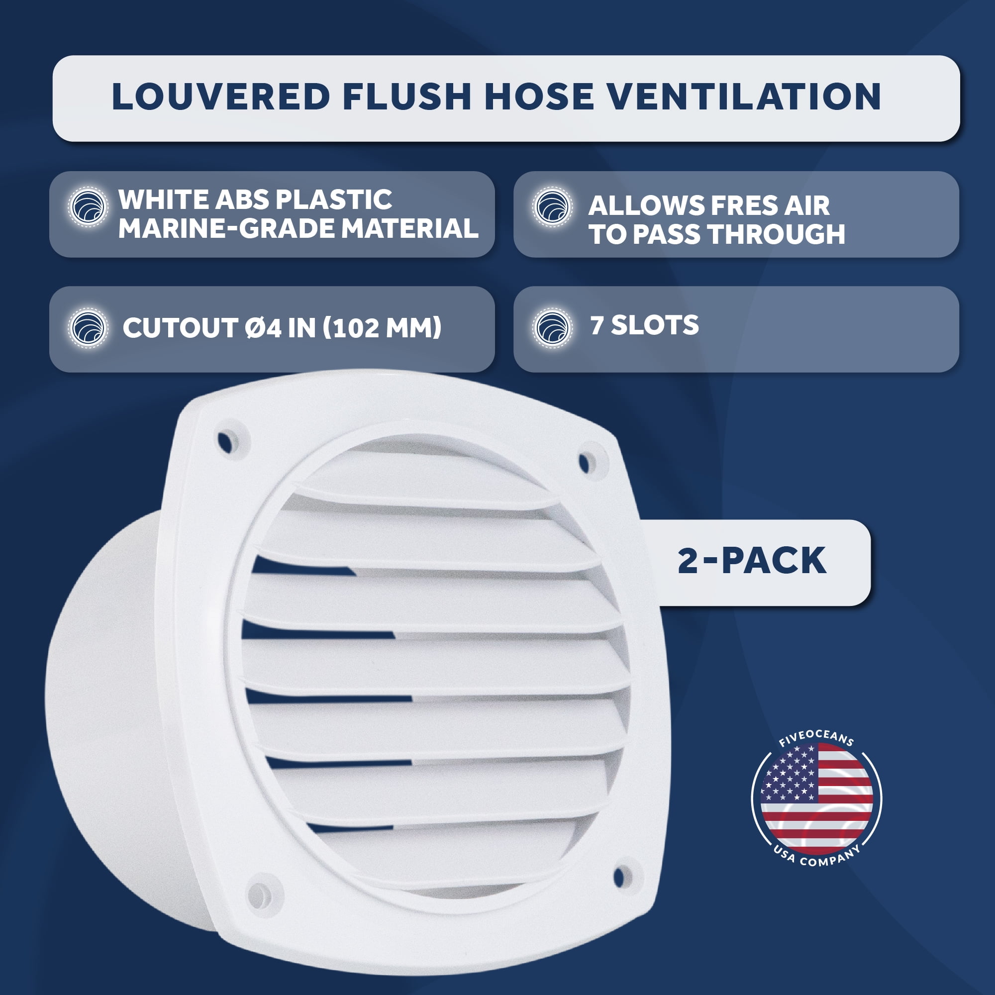 Five Oceans 7-Slotted Louvered Hose Vent, 4-inch Hose Diameter, 2 Pack Air Hose Thru Vent, White ABS Plastic - FO111-M2