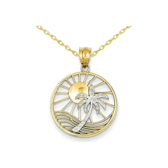 14K Yellow and White Gold Sun & Palm Tree Charm Pendant Necklace with Chain for Women