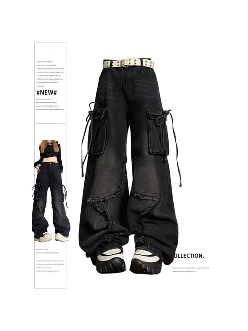 Women's Black Gothic Baggy Cargo Jeans with Star Harajuku
