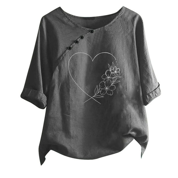 Blusas de Manga Corta para las Mujeres Impreso Cuello Redondo Camiseta, Top de Algodón de Imitación Casual para el Hogar Y Diario