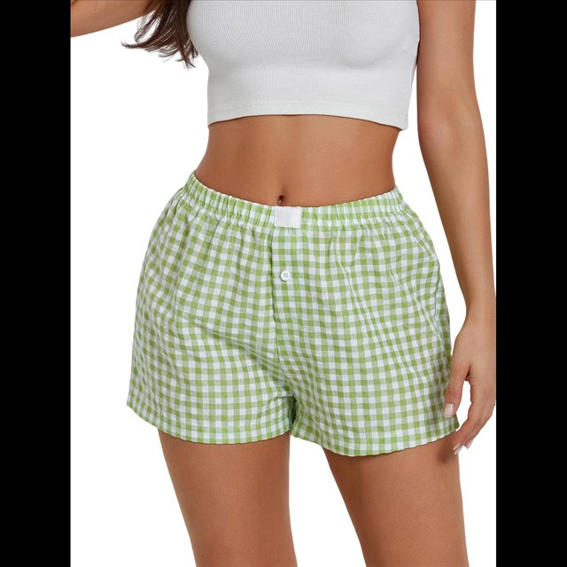 Pantalones Cortos de Pijama A Cuadros Y2K para Mujer, Tipo Bóxer Elástico, Estilo Urbano Verde L