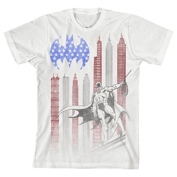Batman Gotham City American Flag Skyscape Boy's White T-shirt-M