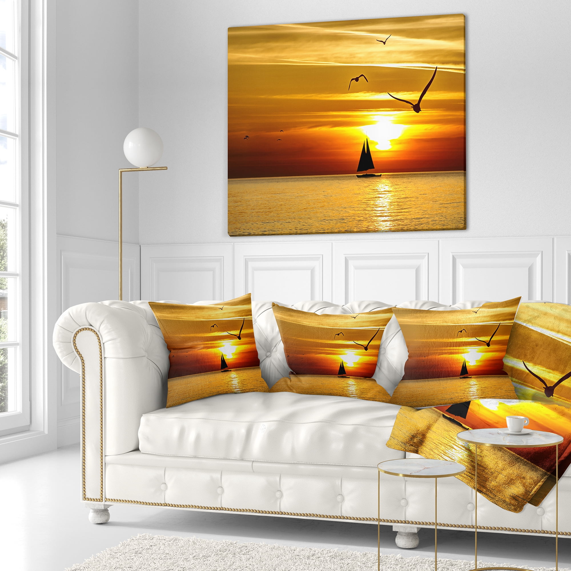 Designart Bright Yellow Beach with Birds - Seashore Throw Pillow - 18x18