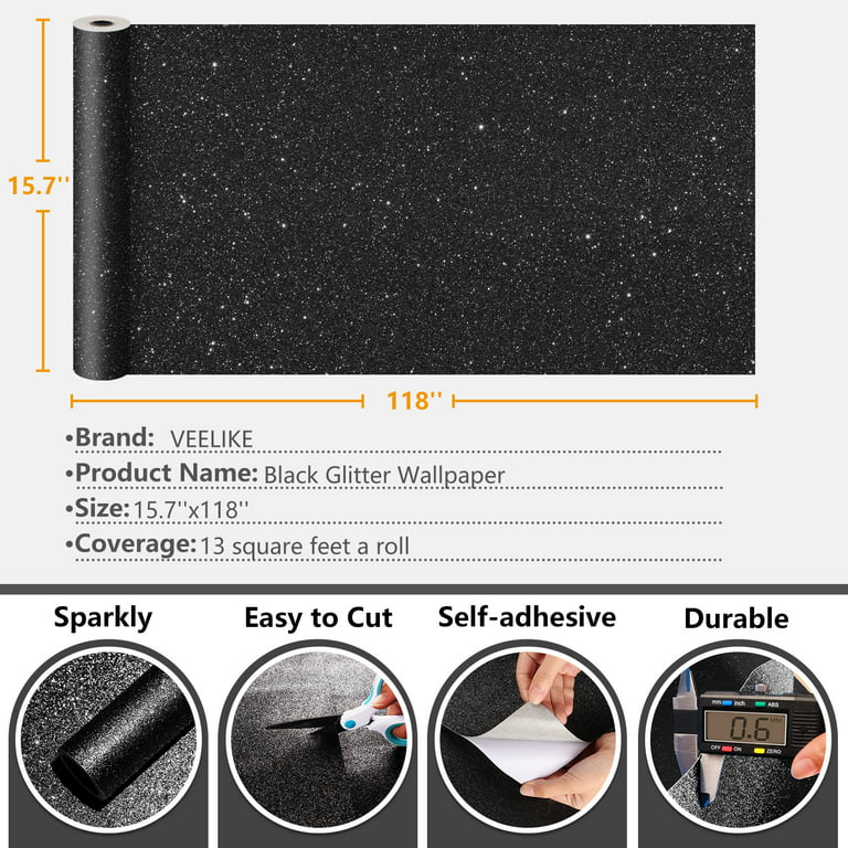 VEELIKE Black Glitter Wallpaper 15.7''x118'' Peel and Stick Sparkly Glitter  Black Contact Paper Decorative Self Adhesive Removable Glitter Fabric Wall