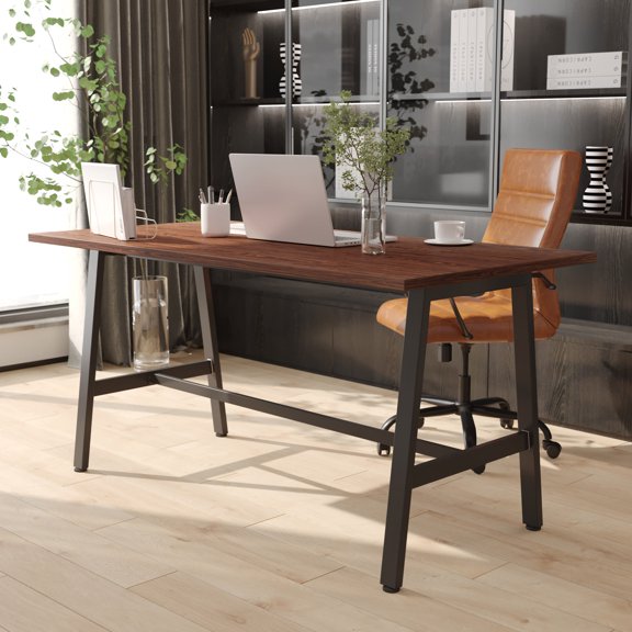 Emma + Oliver 60x30 Dining or Gaming Table with Double Sided Laminate Table Top and Heavy Duty A-Frame Steel Base, Walnut