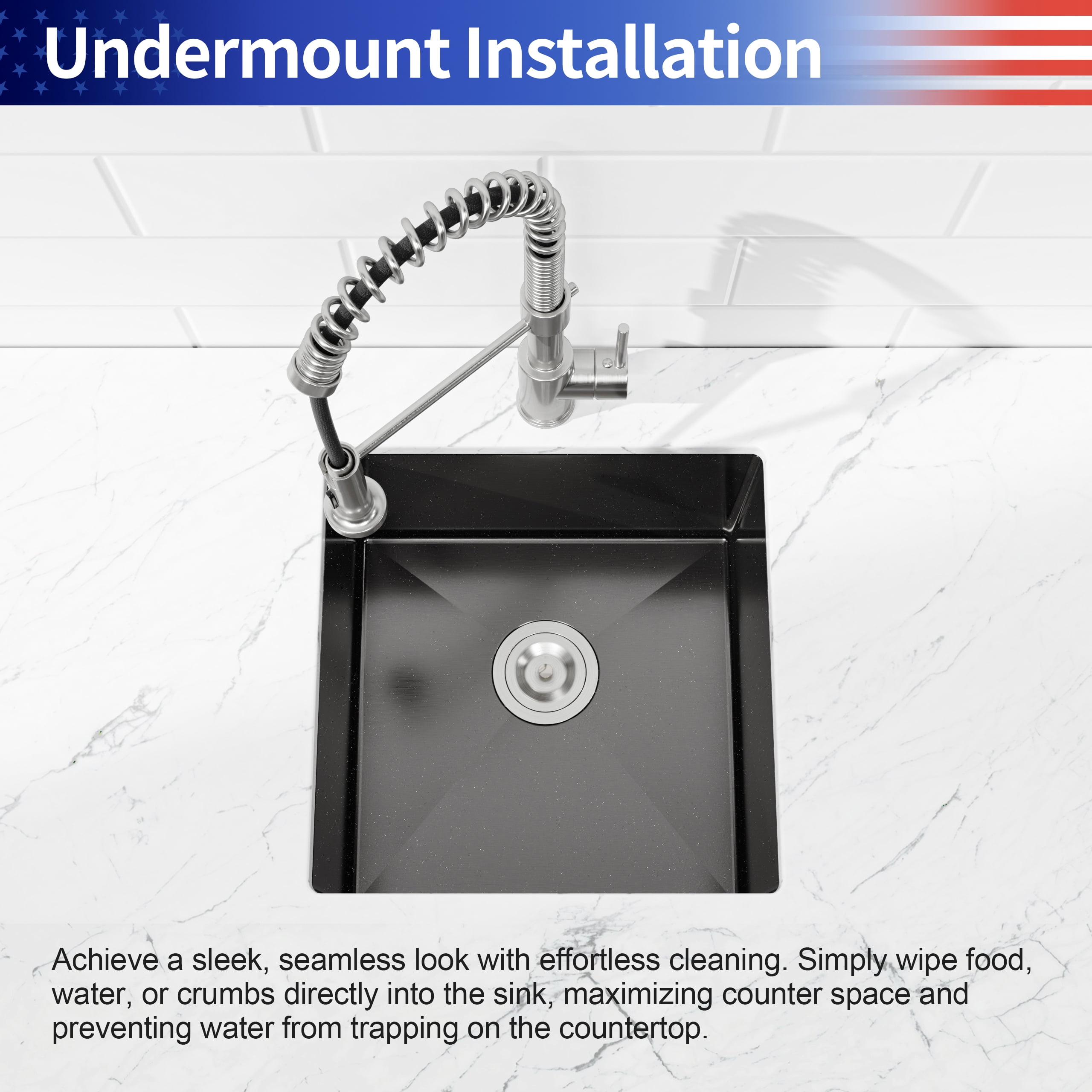 18 x 18 Inch Black Undermount Stainless Steel Kitchen Sink Single Bowl 16 Gauge with Drain And Hook