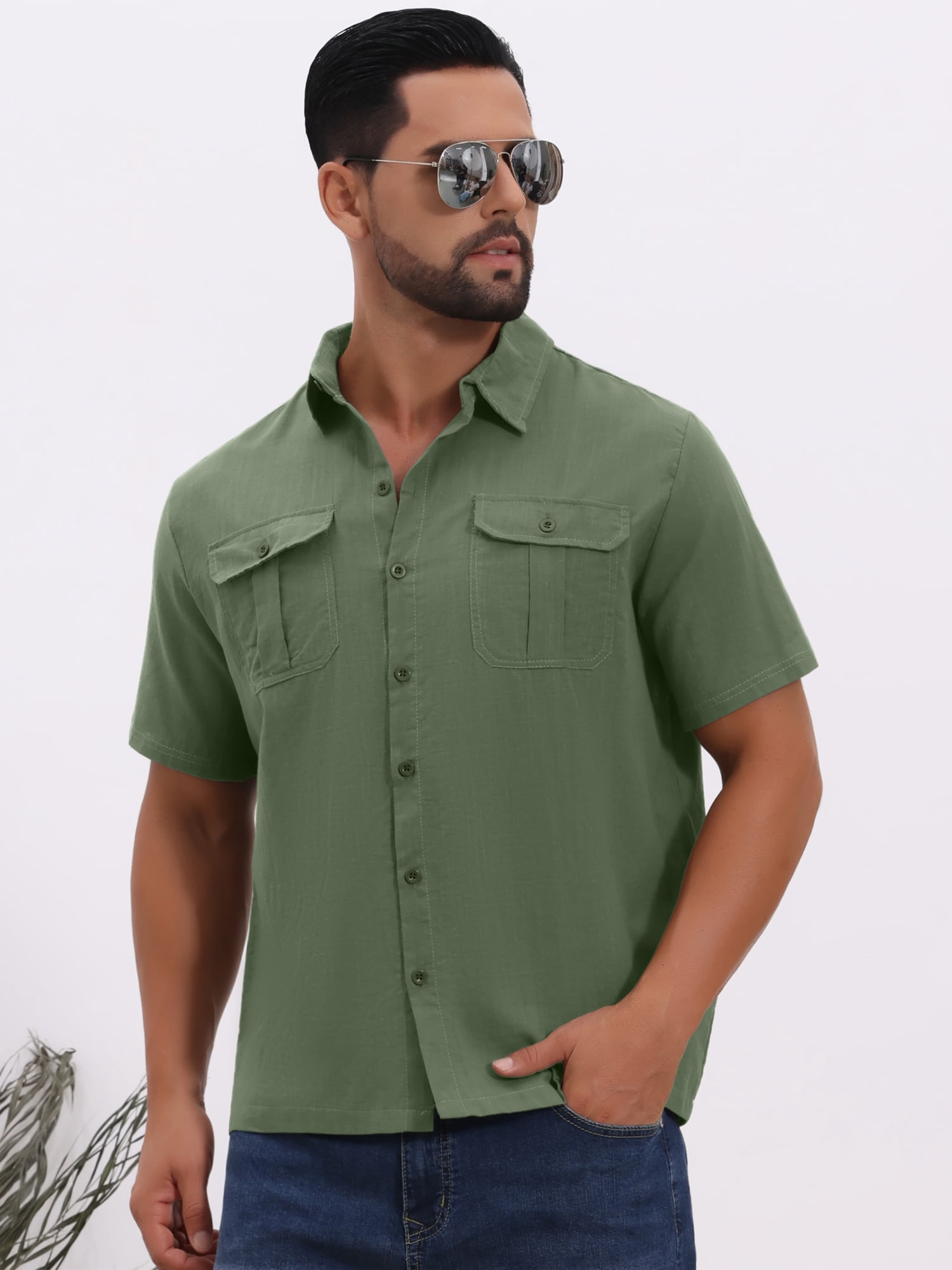 DARING DIVA Men's Solid Color Short Sleeve Button Down Linen Shirt 3XL Olive Green