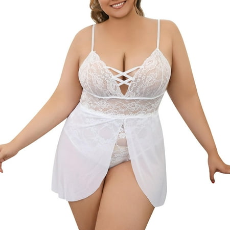 Blphud Women s Lingerie Sparkly Lingerie for Women Womens plus Size Lingerie Lace Chemise Sexy Mesh Sleepwear Deep V Teddy Nightdress for Sexy Adult plus Size White M