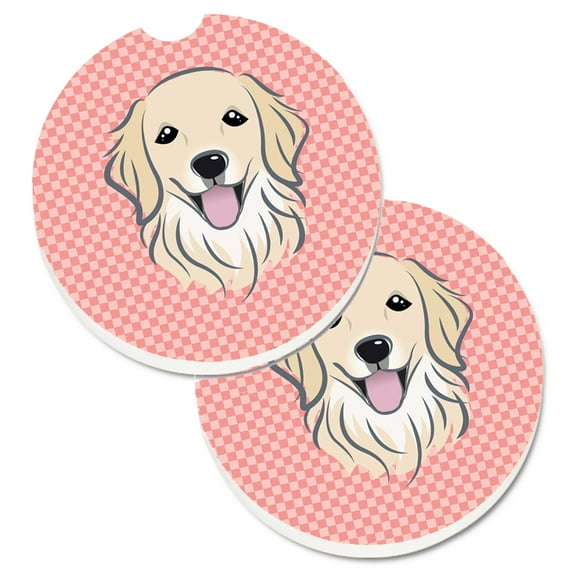 Carolines Treasures BB1205CARC Checkerboard Pink Golden Retriever Set of 2 Cup Holder Car Coasters  Large multicolor