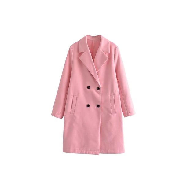 Qarigey Mujeres de doble botonadura Casual temperamento sólido otoño cuello en V abrigo largo abrigos de longitud media chaqueta de viaje en casa Abrigos y chamarras Rosado S Qarigey AP013339-01