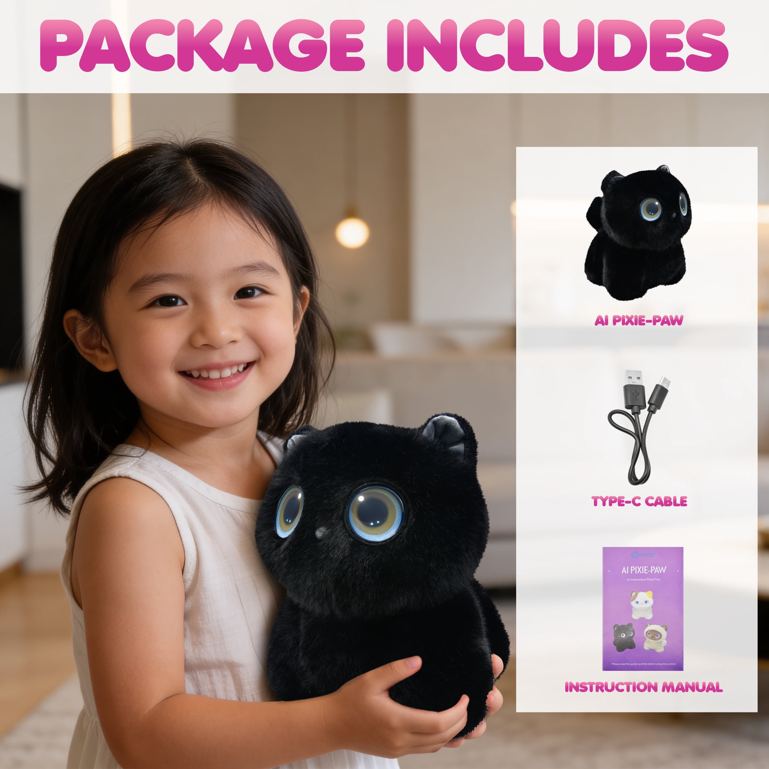AI Pixie Paw Smart Interactive Plush Cat Voice Responsive Touch Activated Expressive Eyes AI Companion Stuffed Animal for Kids and Pet Lovers, Black