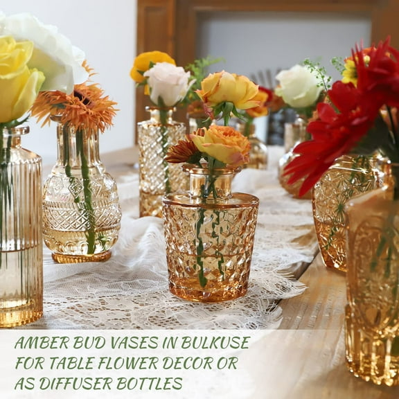 Set of 22 Amber Glass Mini Bud Vase for Rustic Wedding Decorations, Vintage Home Table Flower Décor with Clear Design