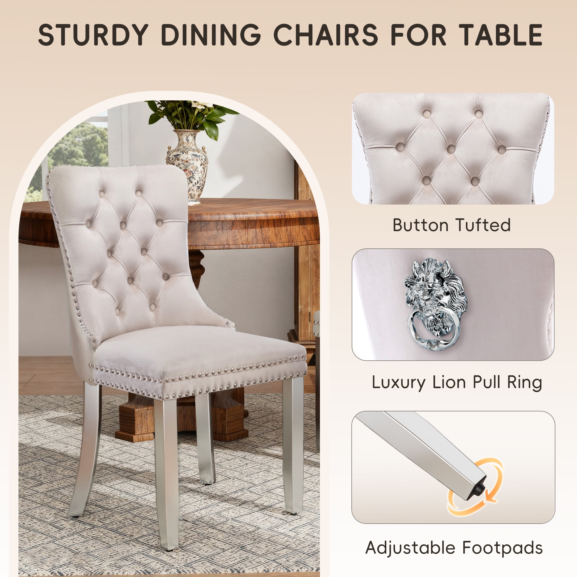 DONICK Velvet Upholstered Dining Chairs,Wing Back Side Chair Tuft Nailhead Ring Pull Metal Legs(Beige,Silver Legs,Set of 2)