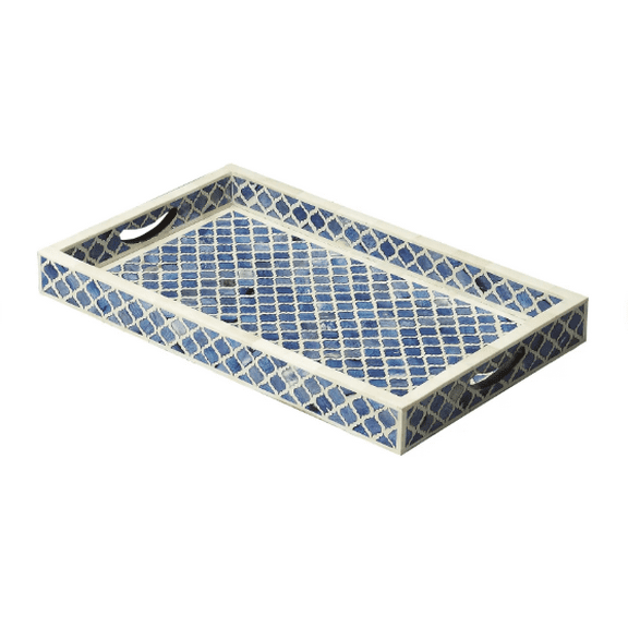 Moroccan Bone Inlay Serving Tray – Blue & White Geometric Pattern, Oval Handles, Cream Border, Great for Serving or Coffee Table Decor