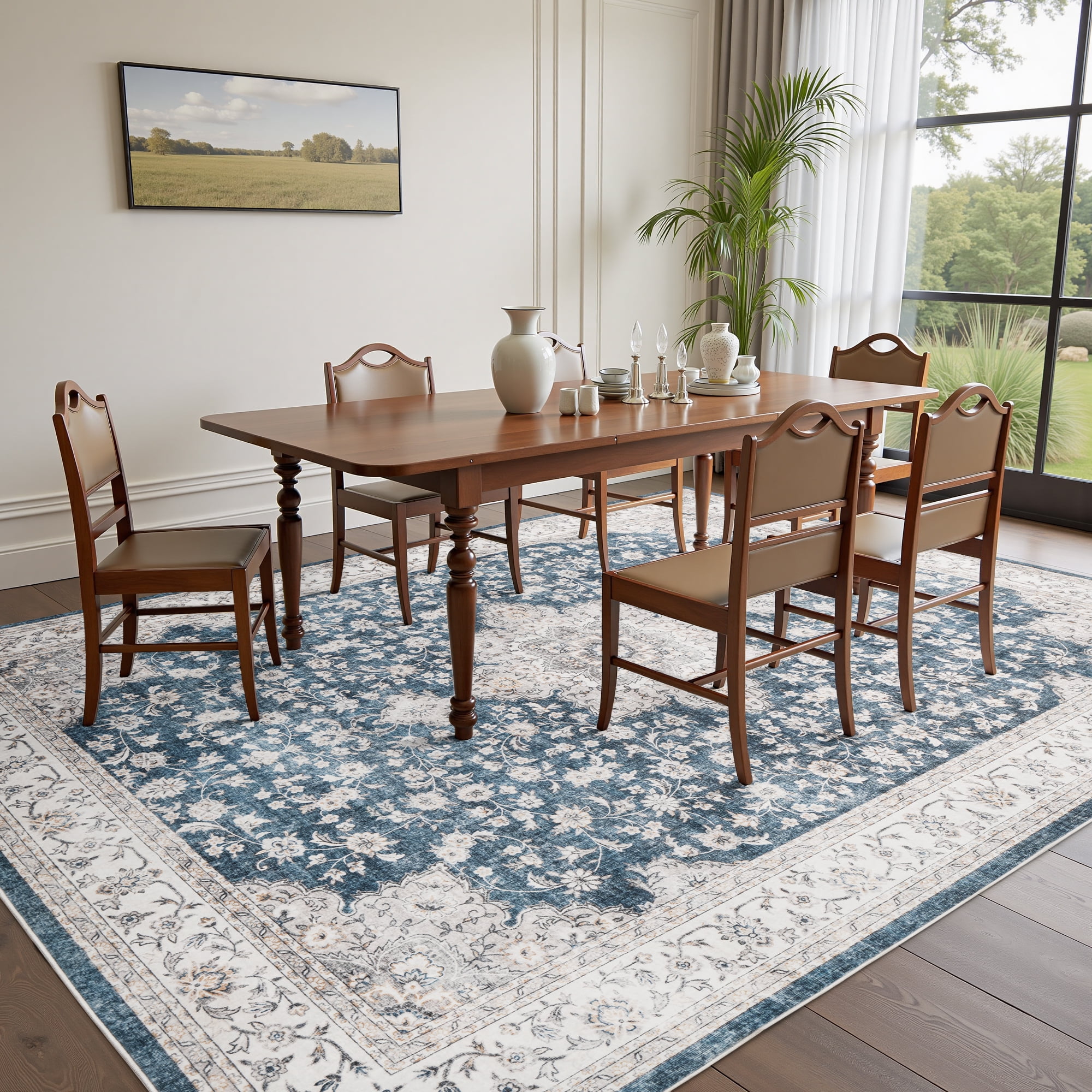 SIXHOME 5x7 Feet Washable Non-Slip Area Rug - Traditional Distressed Vintage Blue Rug with Retro Floral Design, Ultra-Soft Indoor Carpet for Living Room, Bedroom, Dining Room