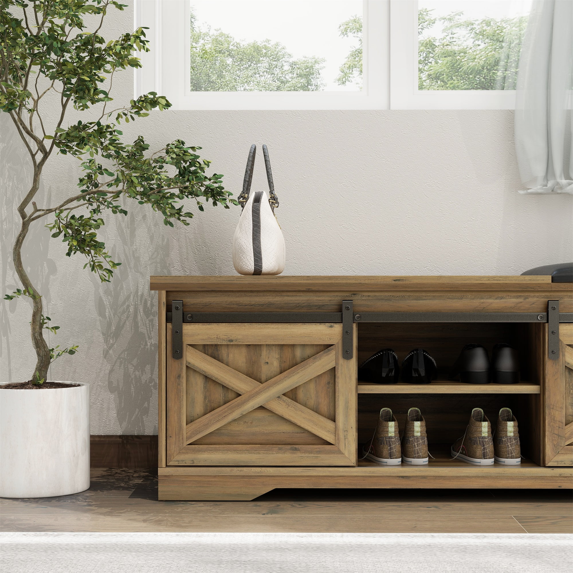 Kadyn 47 Inch Modern Farmhouse Sliding X Barn Door Litterbox Bench with Entry Cutout, Light Brown Shoe Bench Kadyn 47 Inch Modern Farmhouse Sliding X Barn Door Litterbox Bench with Entry Cutout, Light Brown Shoe Bench