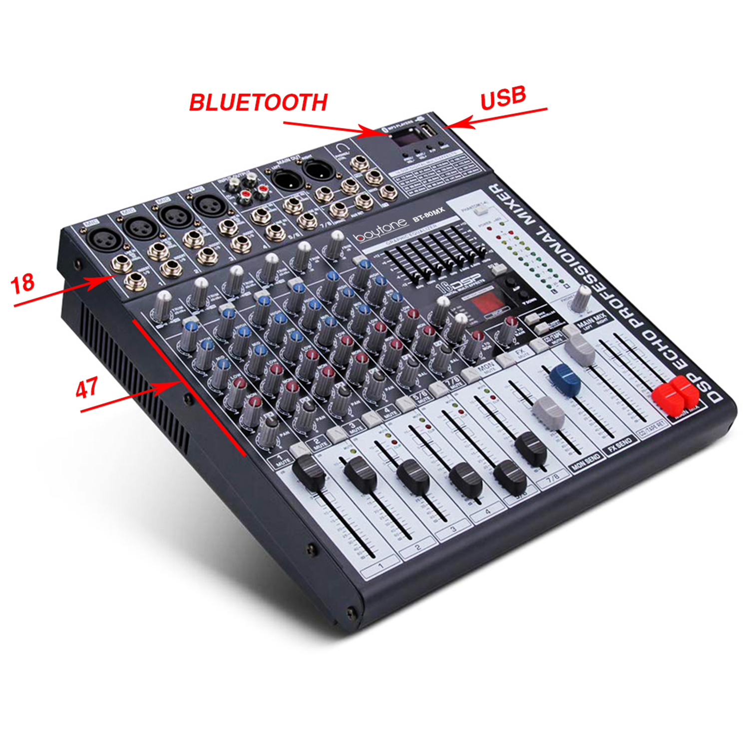 Boytone BT-80MX 8-Channel Bluetooth Studio Audio Mixer DJ Sound Controller, 7 Band Equalizer, 16 Effects, USB Port MP3, XLR Microphone Jack, RCA Input/output, DSP Echo, Headphone Jack, Recording