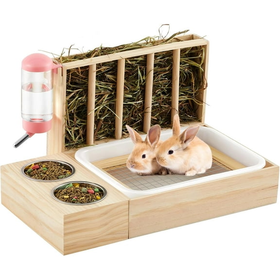 4 in 1 Extra Large Rabbit Bunny Litter Box with Hay Feeder, Bowls and Water Bottle, Wooden Toilet Set for Large and Medium Sized Bunny Guinea Pig Chinchilla Hamster Dwarf Rabbit Wood Mess Proof