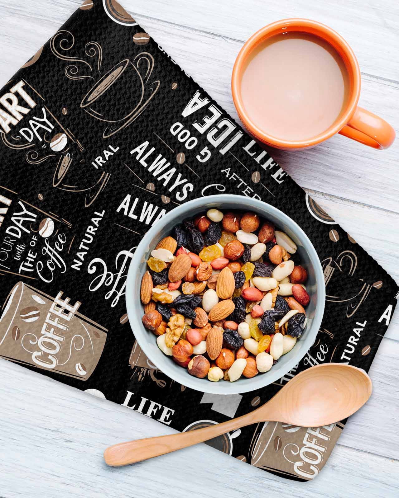 Coffee Black Dish Towels Set, Waffle Weave Kitchen Towels 4 Pieces, Brown Beans Cup Dessert Drink Monochrome Microfiber Hair Face Bath Tea Towel Absorbent Quick Drying Cleaning Dish Cloths 12"x12"