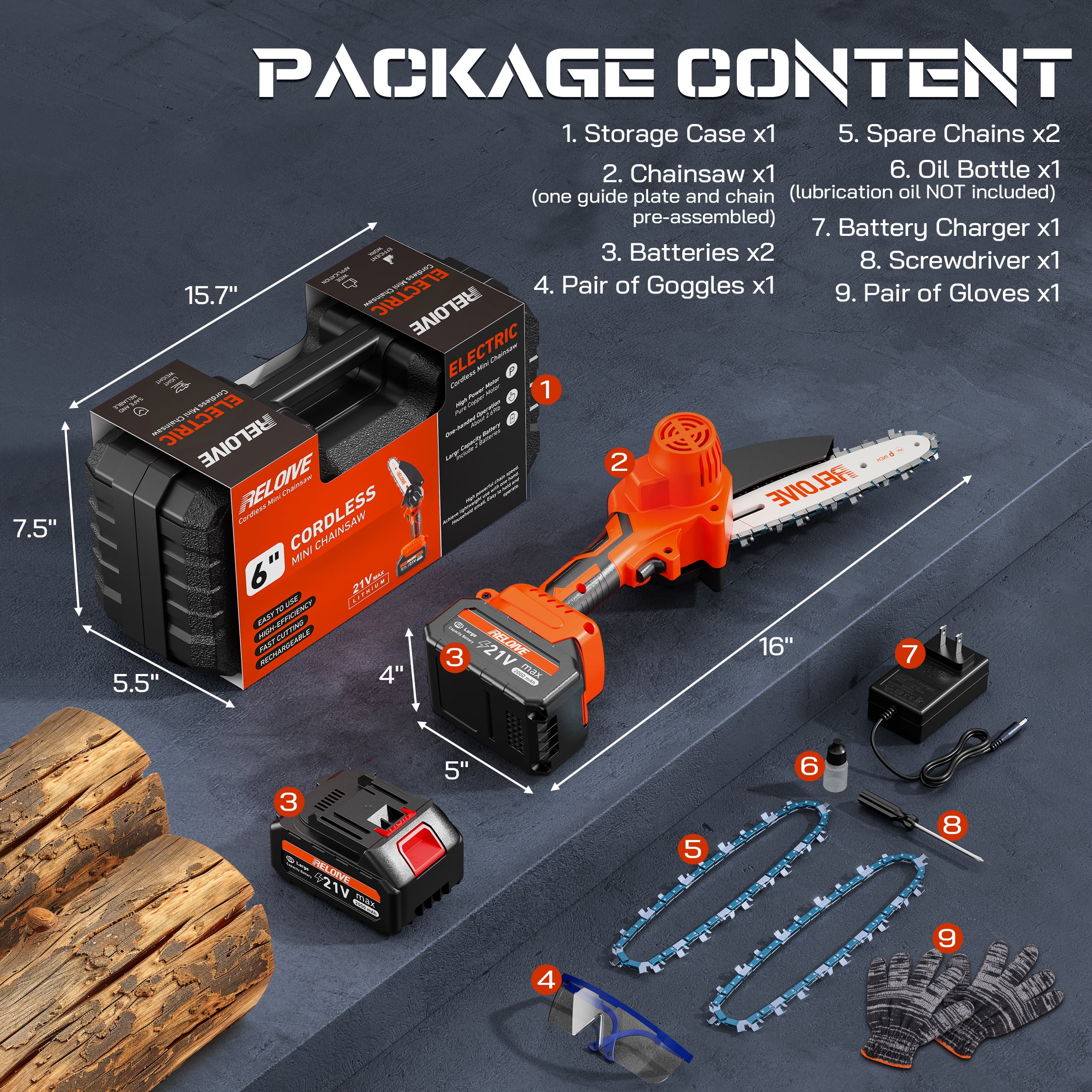 RELOIVE 6 in Mini Chainsaw with 2PCS 2.0 Ah Batteries 3 Chains,Cordless Small Handheld Chain Saw for Wood Cutting Tree Trimming